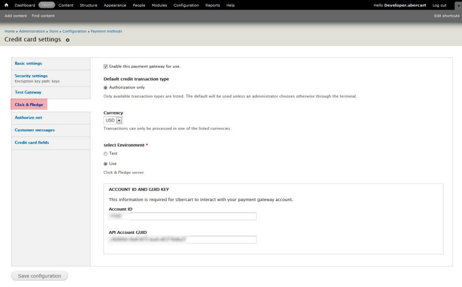 credit card settings Click and Pledge